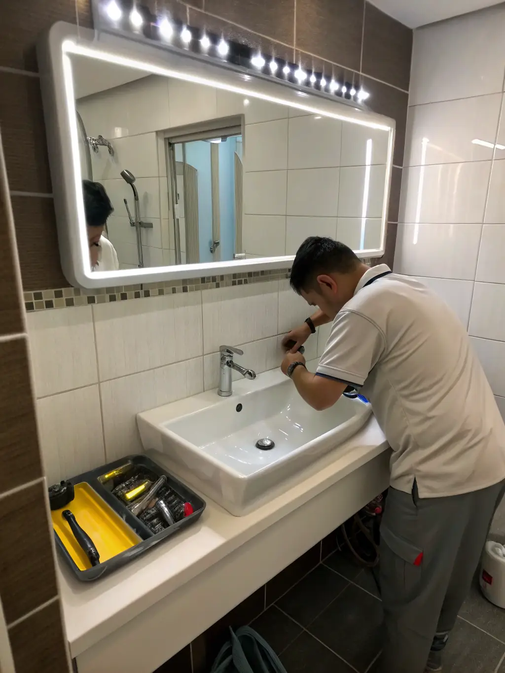 A picture of wainscotting being installed in a bathroom, demonstrating the decorative and protective benefits of this service.