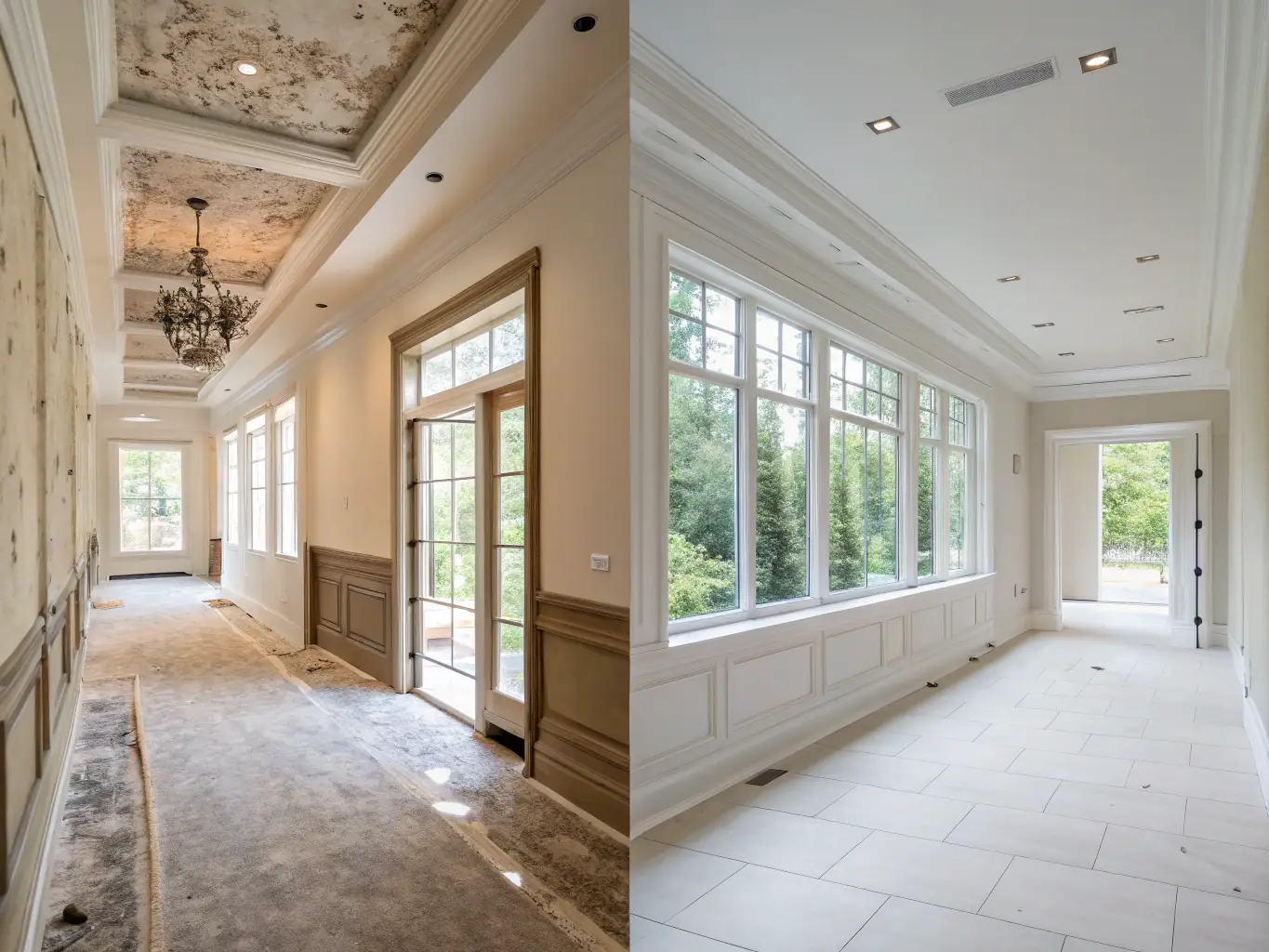 A before-and-after photo showcasing a stunning transformation of a room with newly installed wainscotting by Emerald City Millworks.