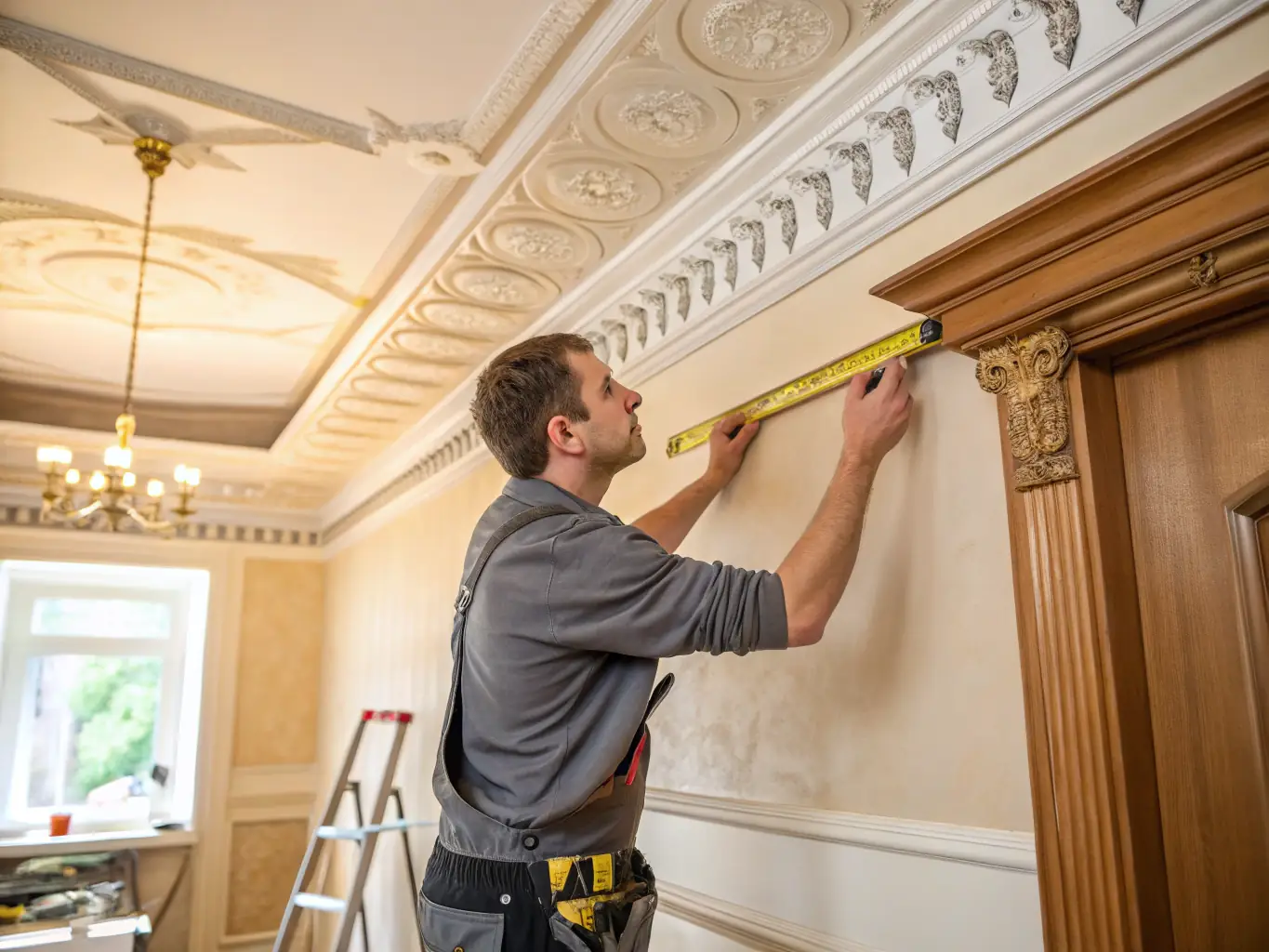 A craftsman carefully installing crown molding in a well-lit living room, showcasing precision and attention to detail.
