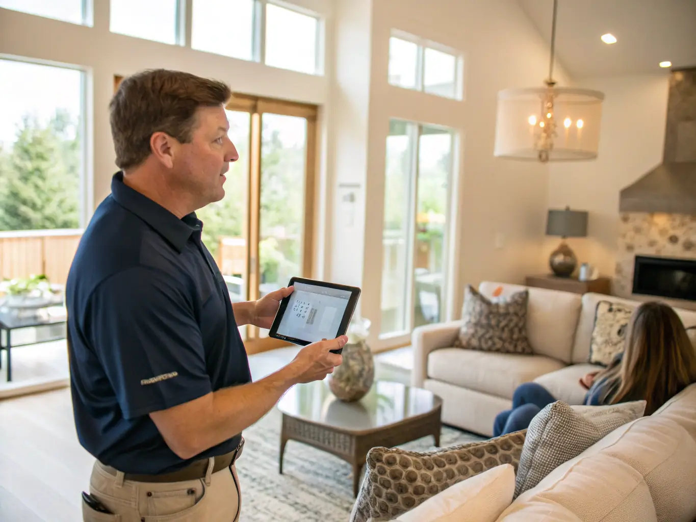 A friendly Emerald City Millworks team member consulting with a homeowner, reviewing plans and discussing project details.