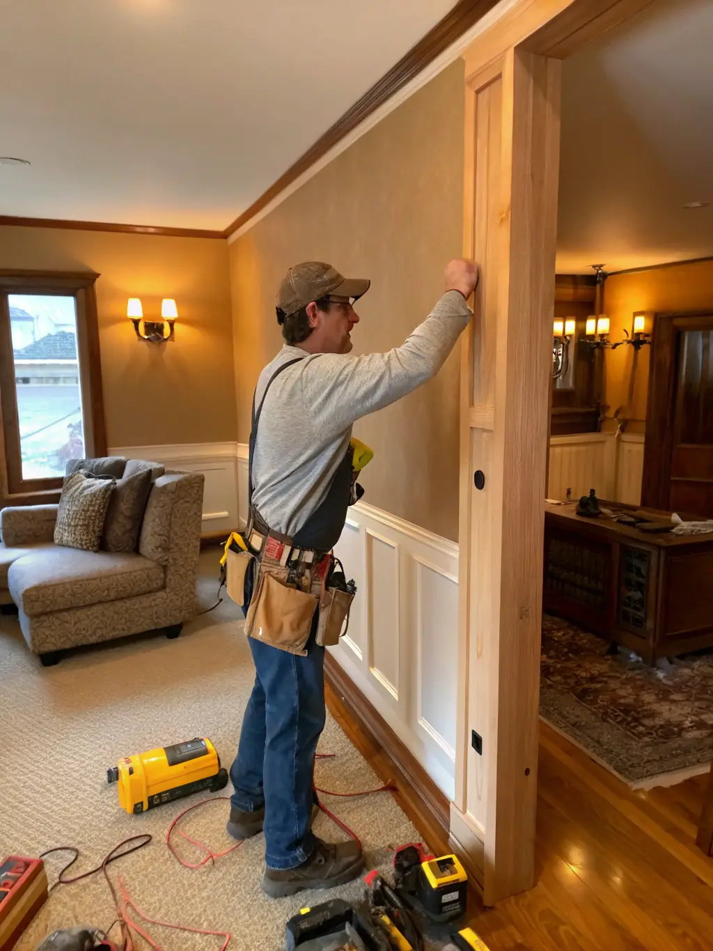 A detailed image of crown molding being installed in a home, showcasing the precision and attention to detail that Emerald City Millworks provides.